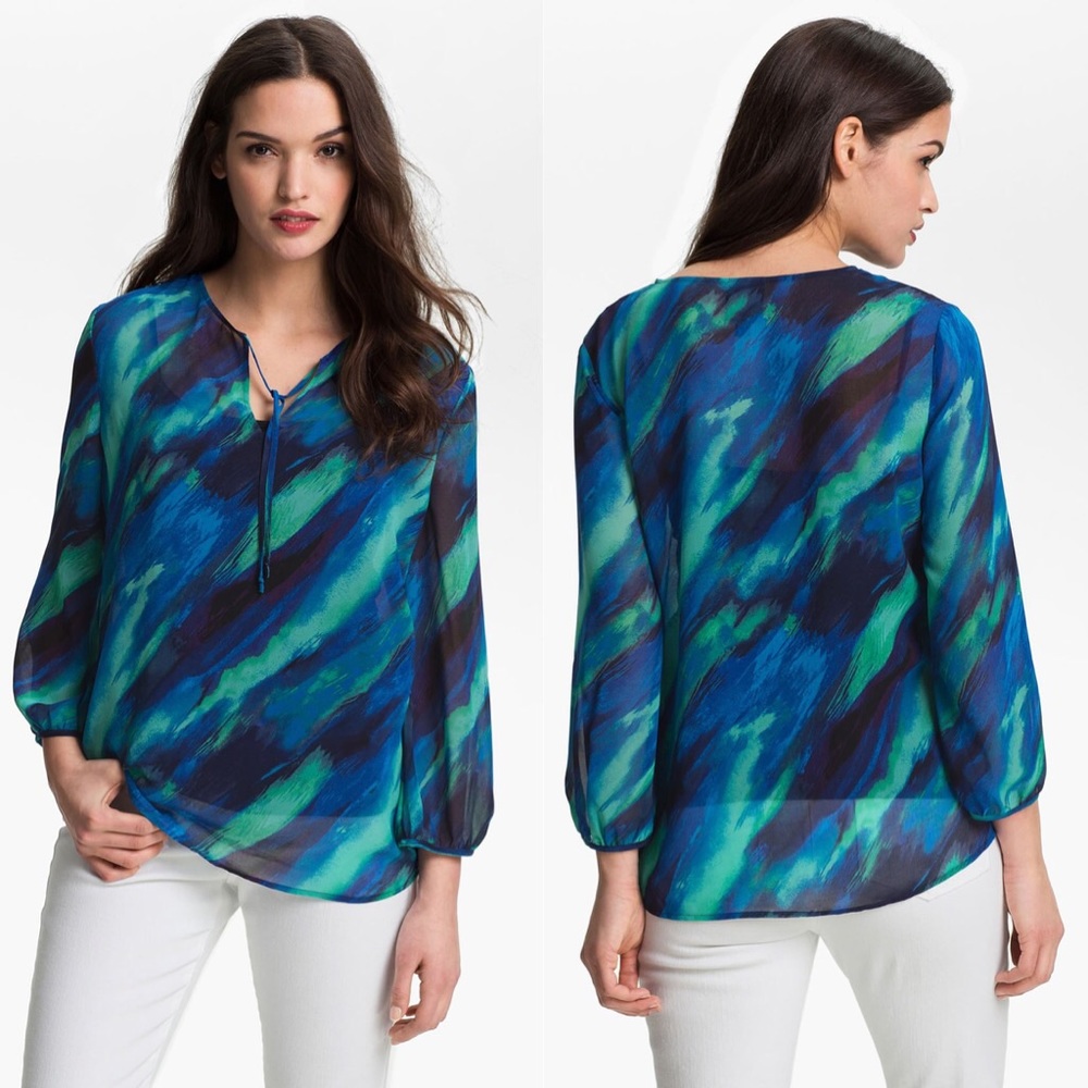 AMBER SUN Print Chiffon TieNeck Blouse Blue/Green